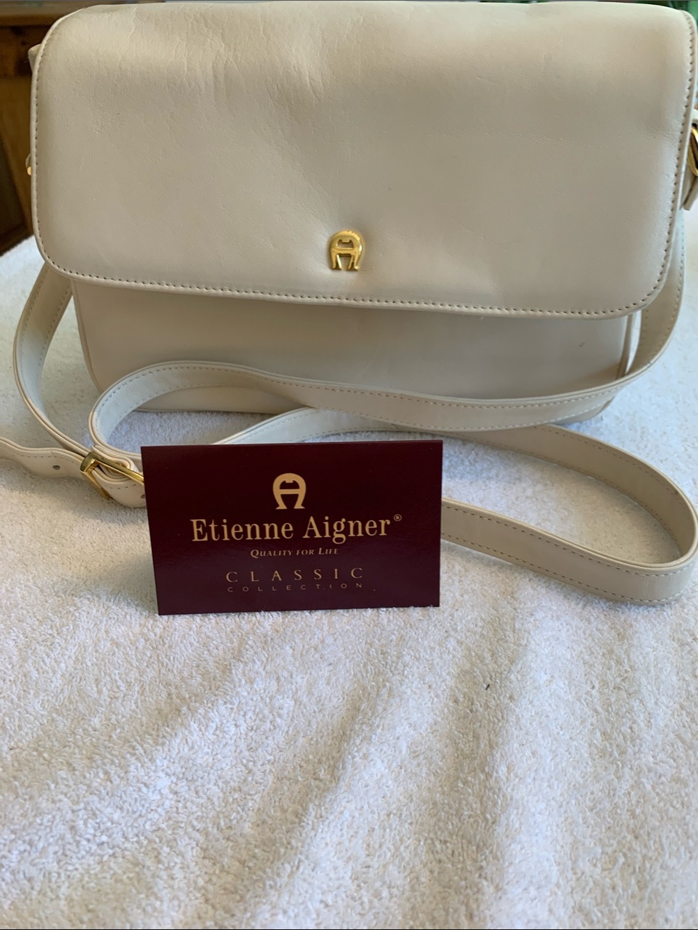 Etienne Aigner Cream Leather Crossbody with Gold Logo Accent
